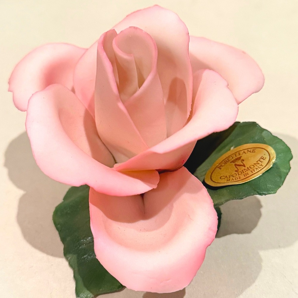 Capodimonte Porcelain Pink Rose Figurine Made in Italy Bisque with Gold Label